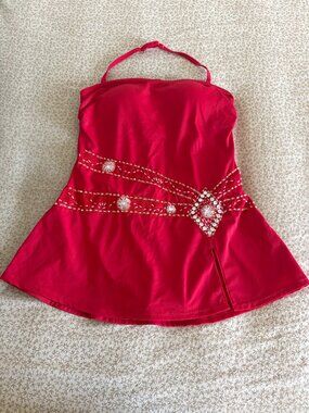 shape fx Red Beaded Swim Dress | Size 4 | Skirted One‑Piece w/ Slit